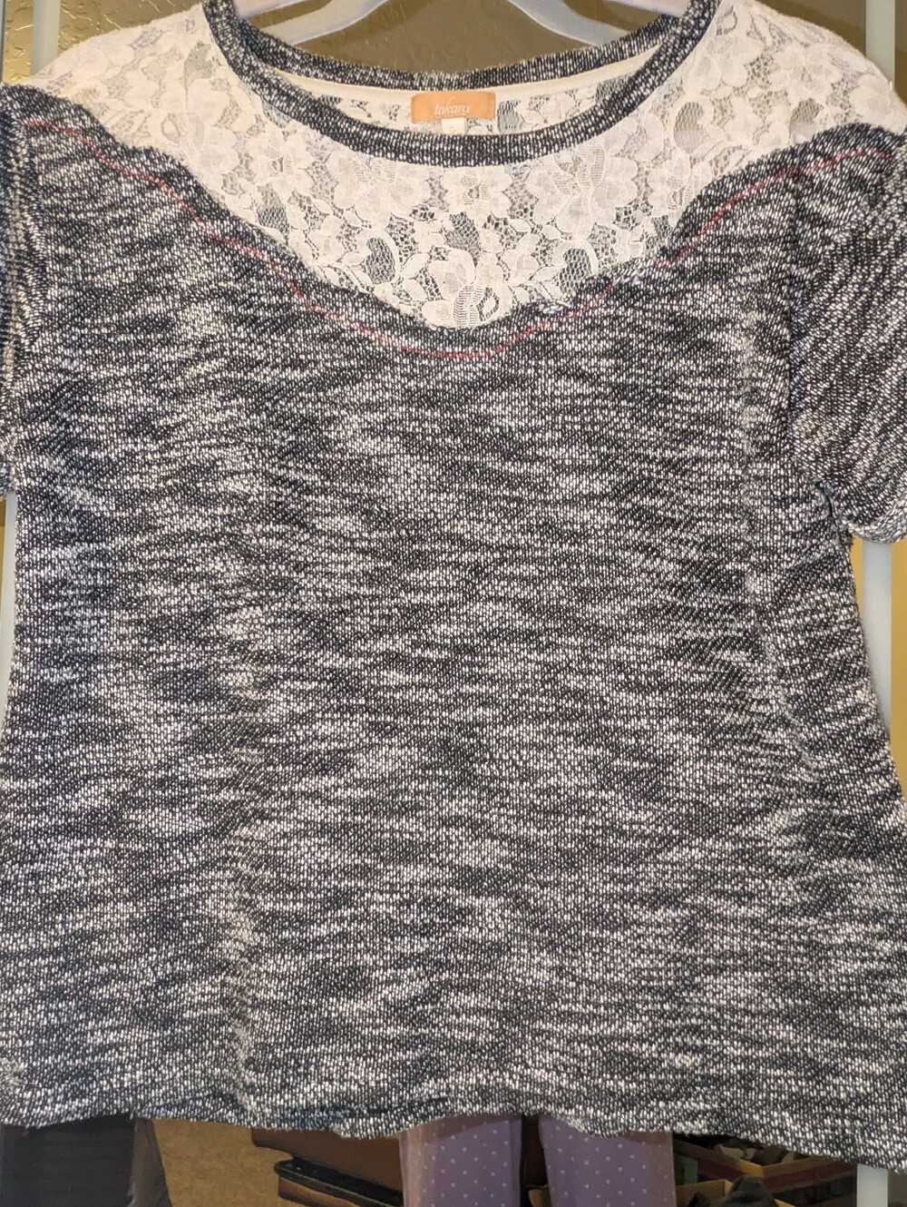 Takara Gray Marled Knit Sweater with White Lace Yoke